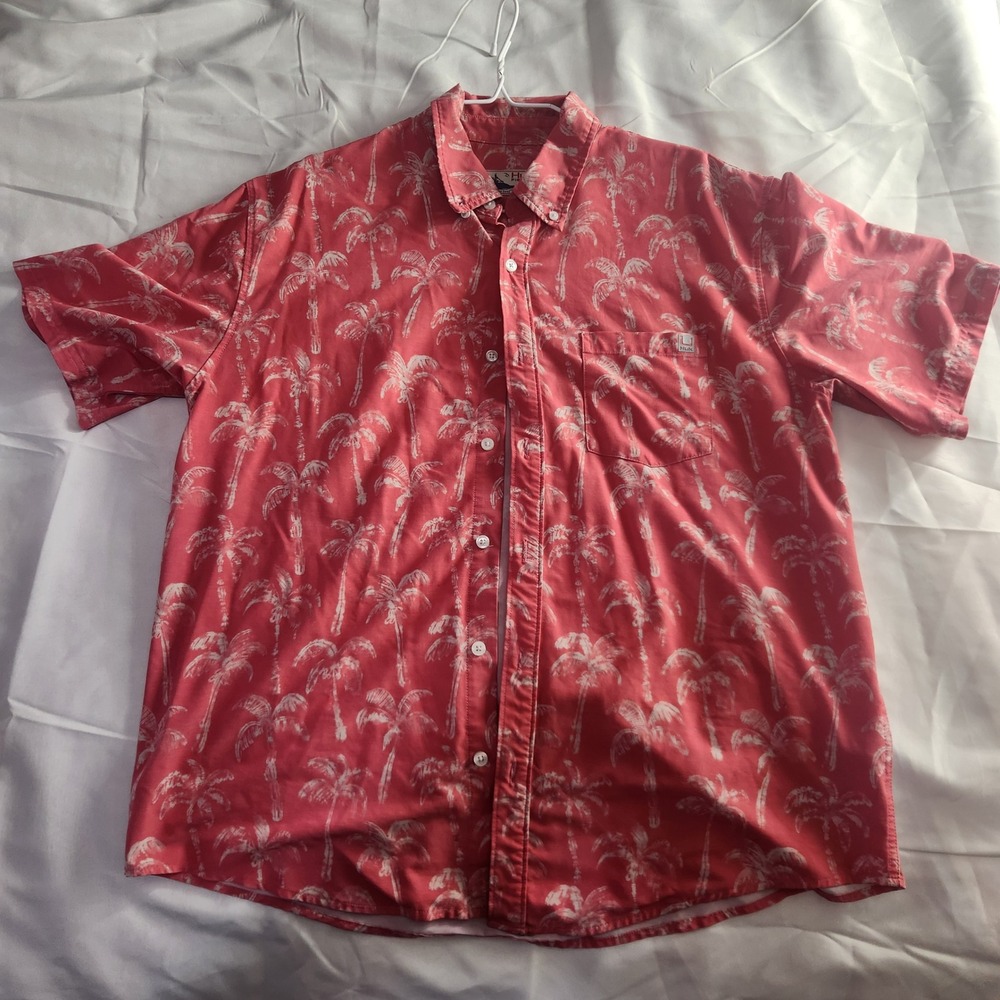 Huk Fishing Button Down Shirt Palm Tree Print Short Sleeve Coral Large